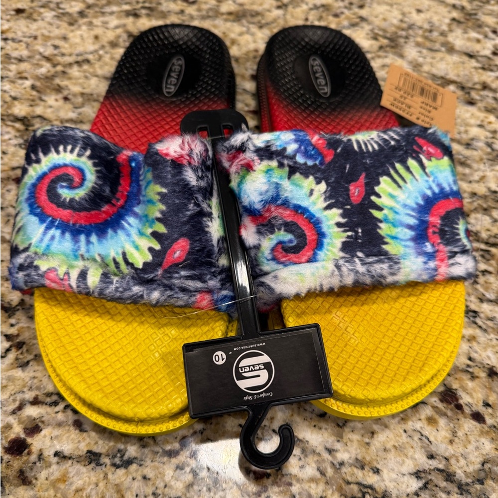 Seven tie dyed faux fur rainbow colored slides Size 10